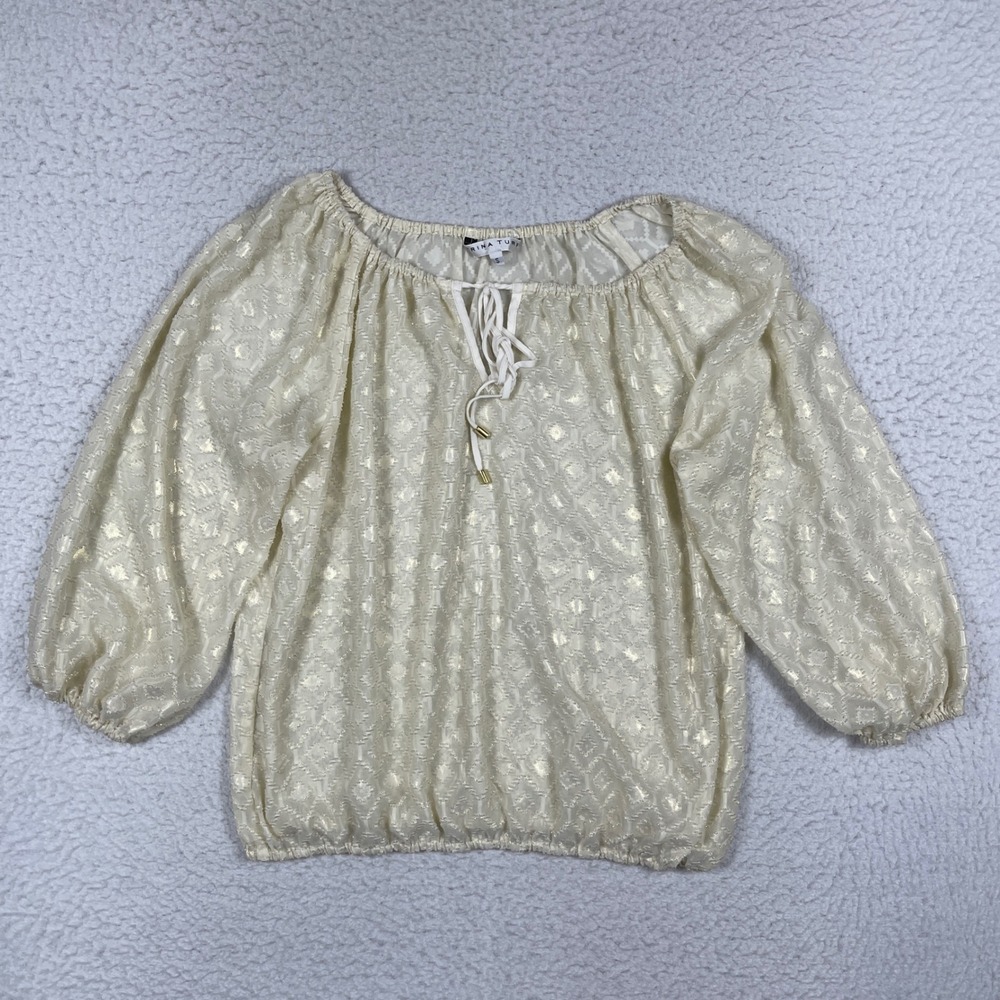 Trina Turk Peasant Blouse Womens Small Cream Gold Metallic Jacquard Boho Party